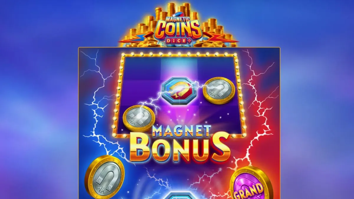 Tampilan visual slot Magnetic Coins Dice dengan simbol koin dan magnet yang bersinar