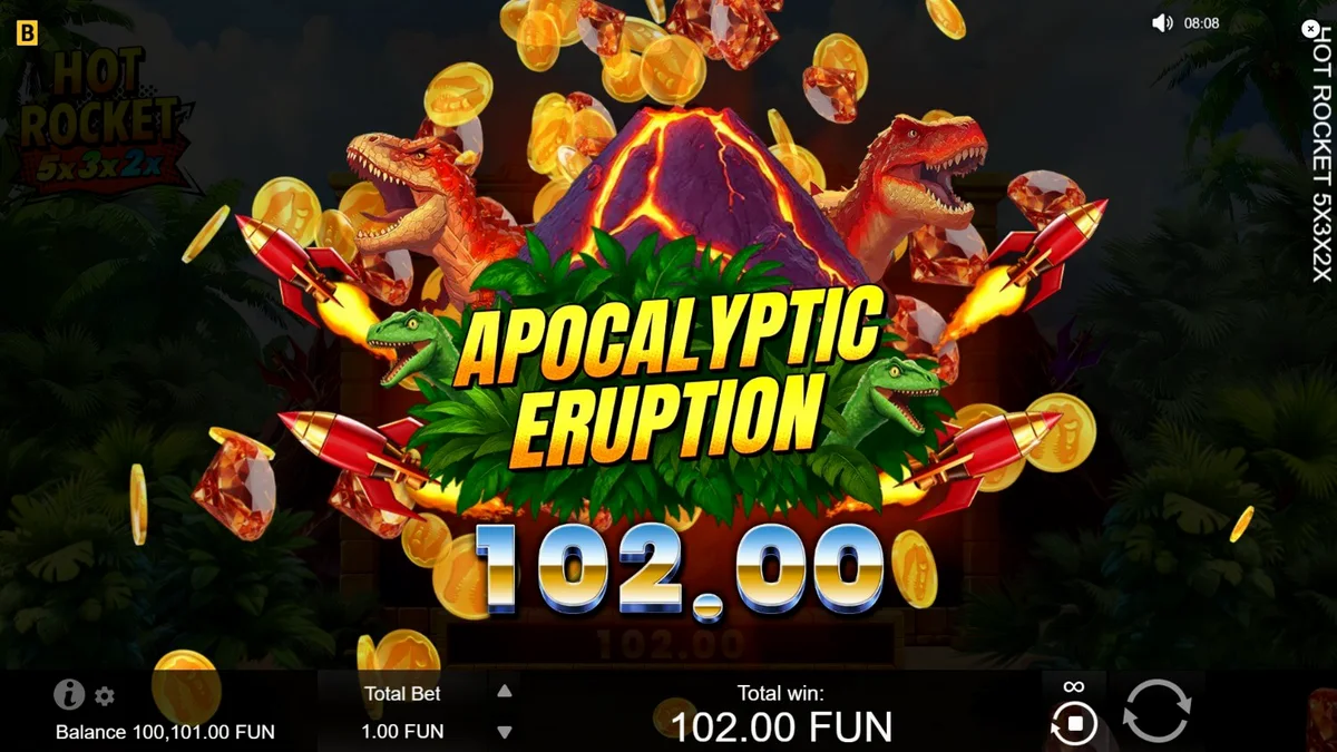 Tampilan visual slot Hot Rocket 5x 3x 2x dengan latar belakang gunung berapi dan simbol retro.